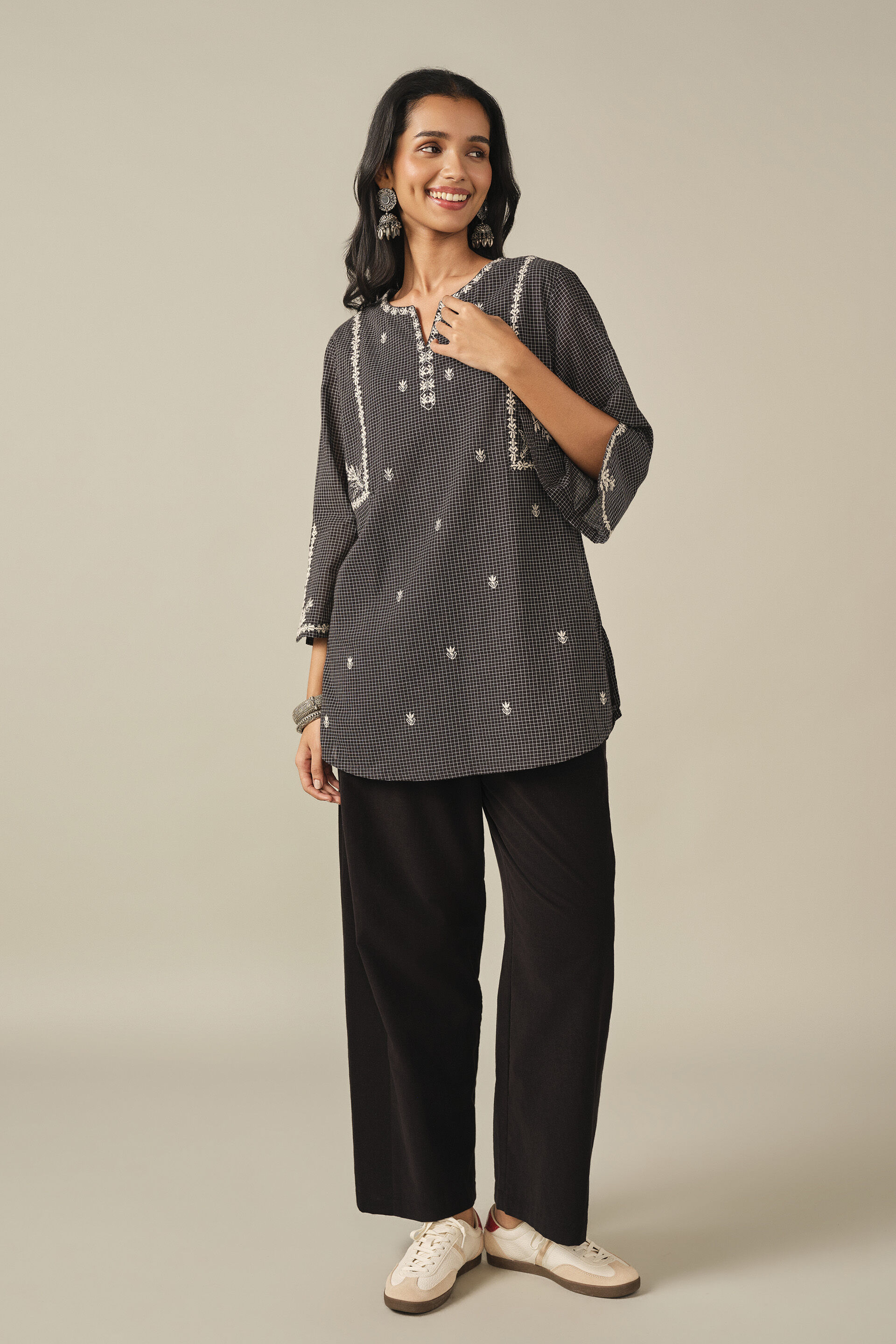 Embroidered Cotton Tunic in Black, Black, image 3